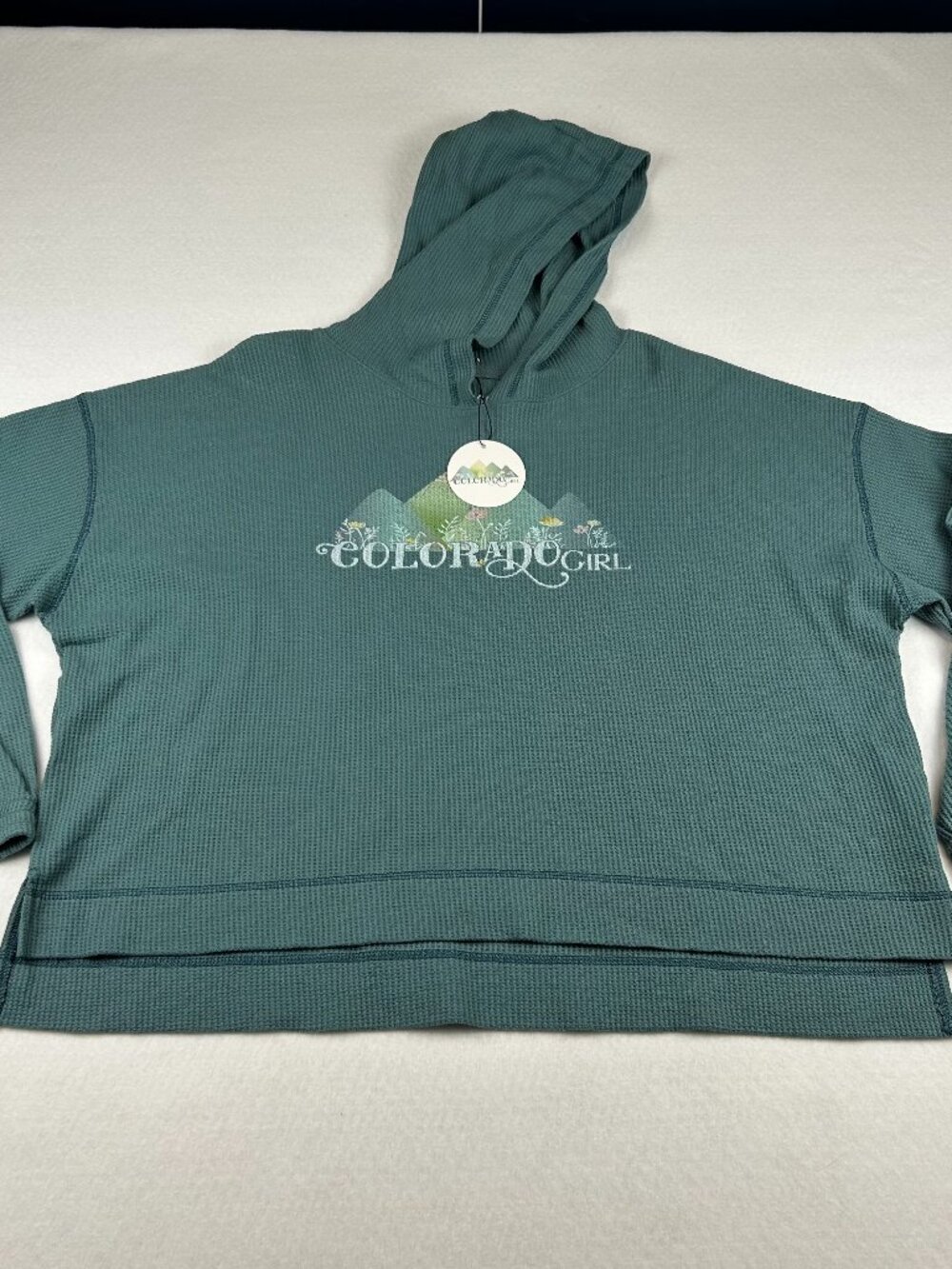 League 91 | Colorado Girl Waffle Crop Hoodie, Teal, New With Tags, size M
